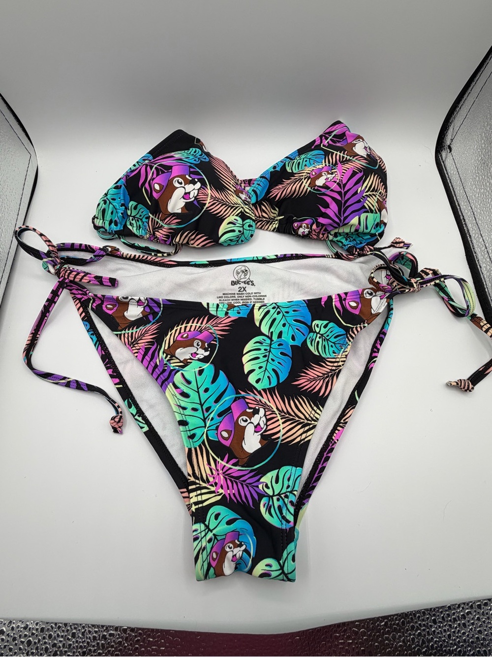 Bucees Tropical Leaf & Cartoon Print Tie-Side Bikini - Black with Teal & Purple